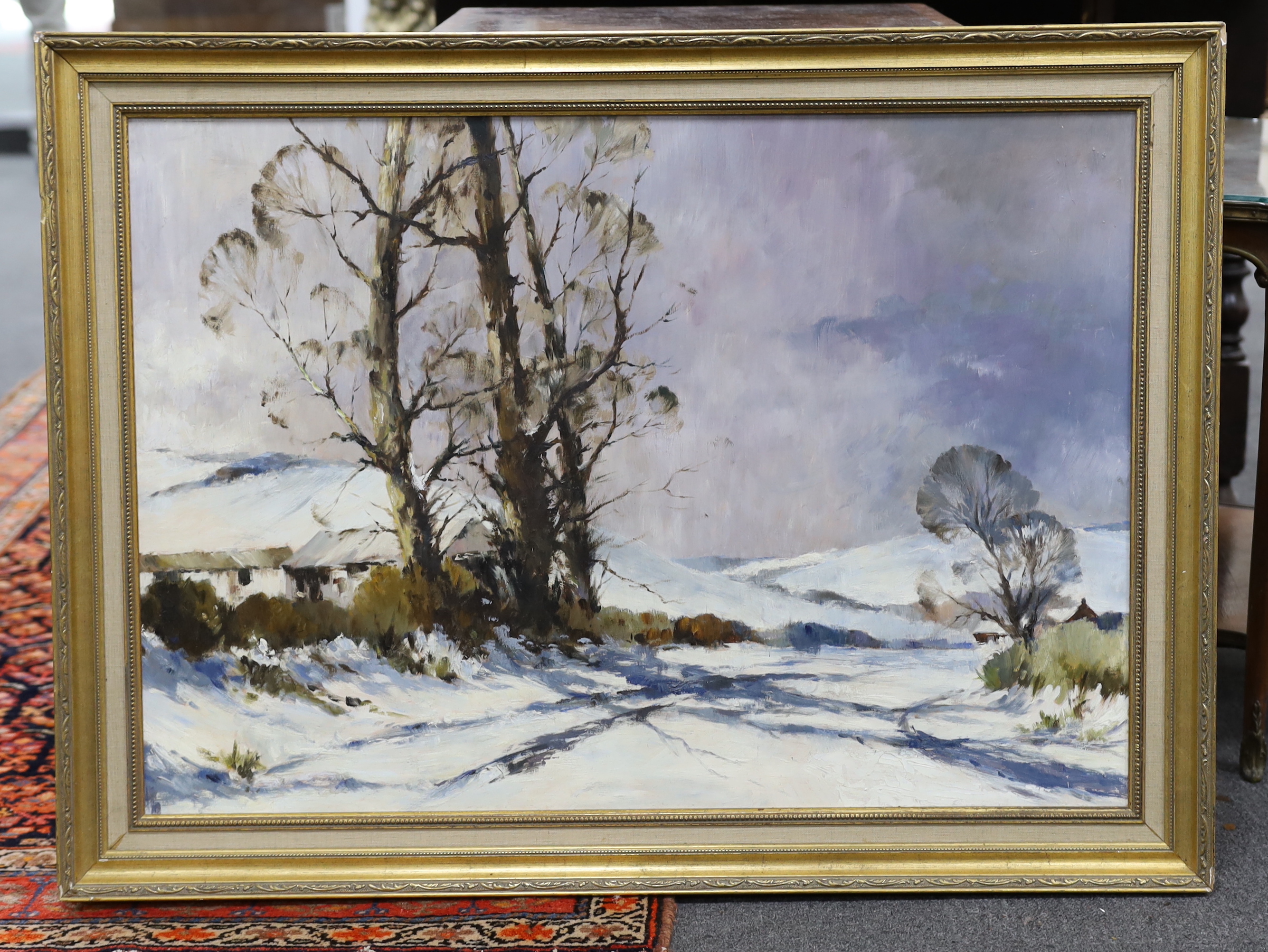 Manner of Edward Wesson (1910-1983) oil on board, Winter landscape, unsigned, 85 x 59cm